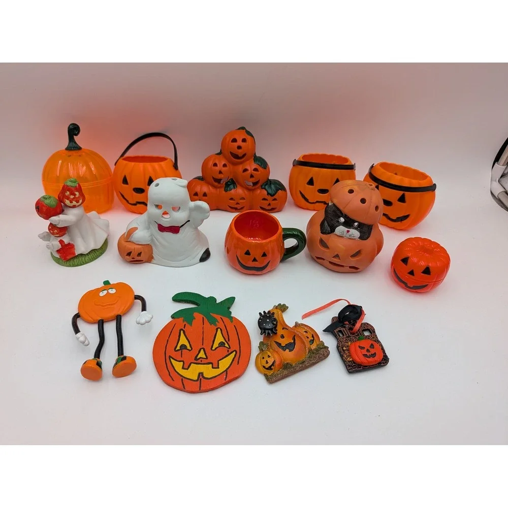 Halloween Decor Lot Orange Jack O Lantern Ghost Cat Figurines Ceramic Magnets